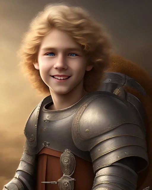 full length photograph of a beautiful 12 year old boy with long, blonde curly hair and light blue eyes, smiling, in front of a medieval town, highly detailed, smooth, photorealistic, digital art, HDR