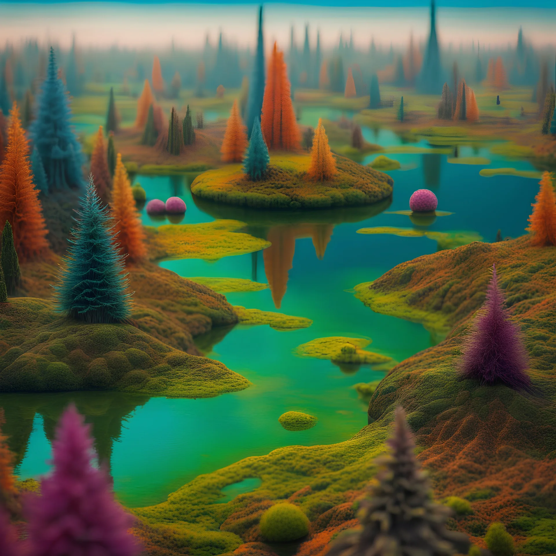 Odd swamp landscape with odd beings surreal abstract Max Ernst style, 120mm photography, sharp focus, 8k, 3d, very detailed, volumetric light, grim, fine art, very colorful, ornate, F/2.8, insanely detailed and intricate, hypermaximalist