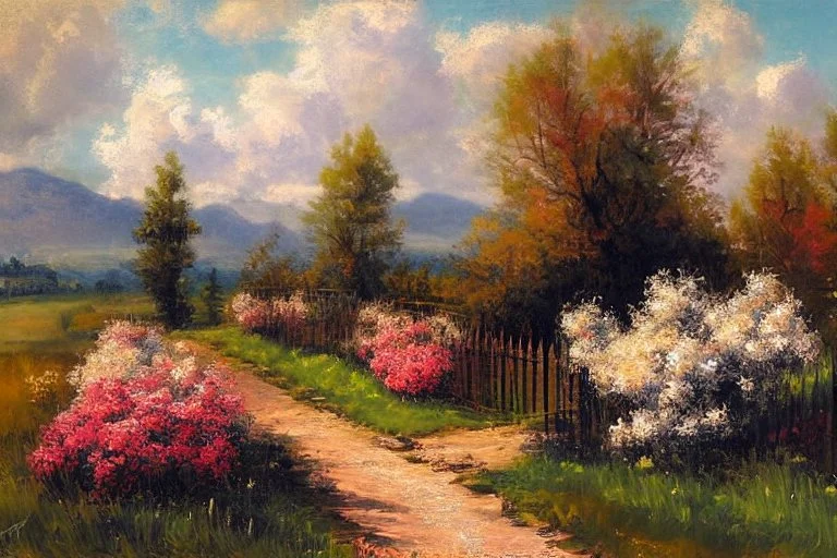 Clouds, trees, distant mountains, house, flowers, fence, pathway, otto pippel impressionism painting