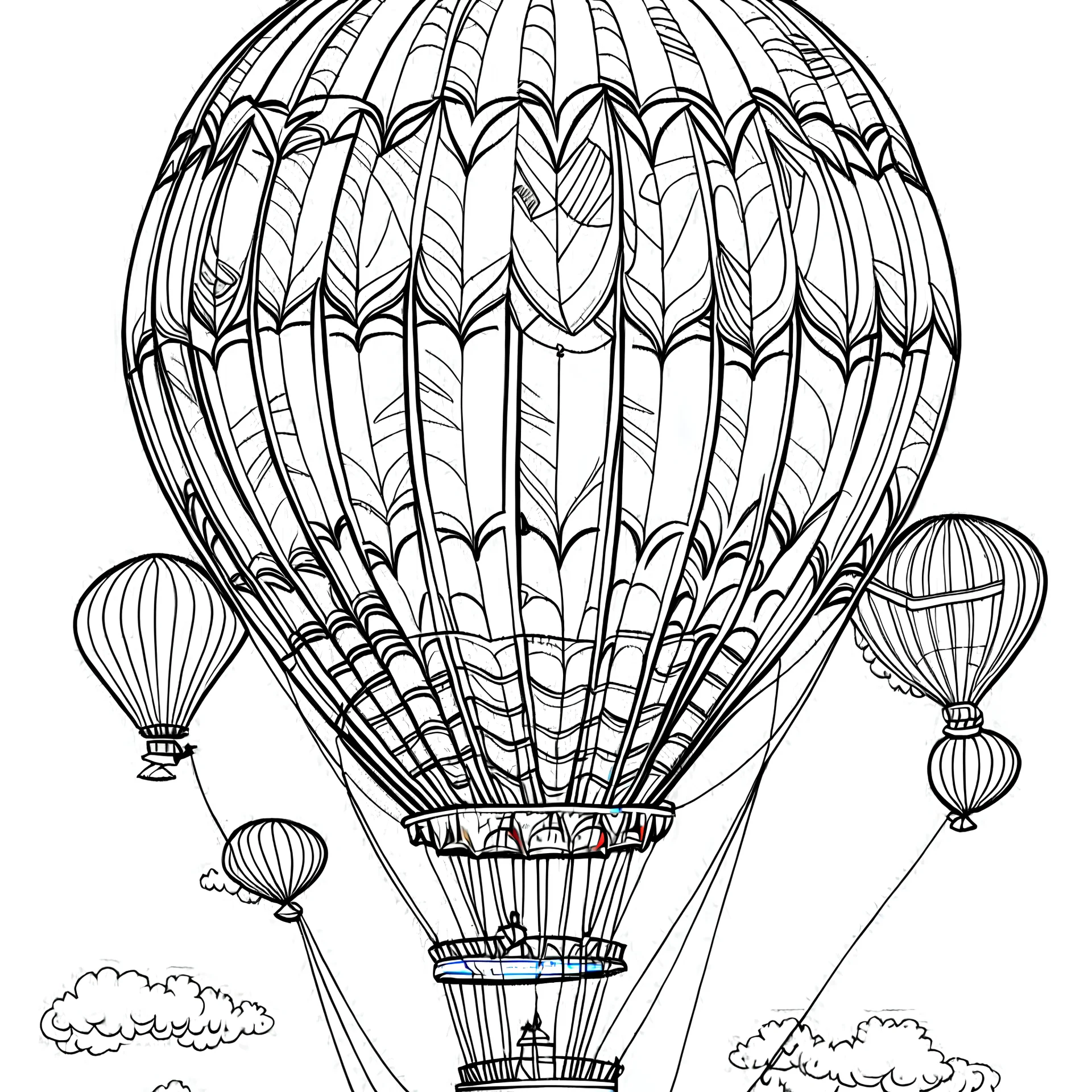 outline art for hot air balloon coloring page for kids, classic manga style, anime style, realistic modern cartoon style, white background, sketch style, only use outline, clean line art, no shadows, clear and well outlined