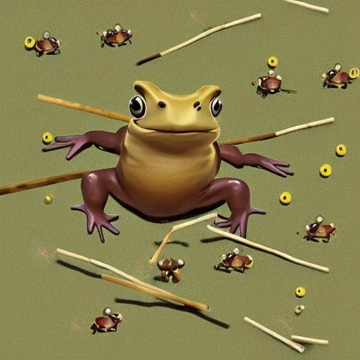 a toad carrying an army of tiny men with sticks