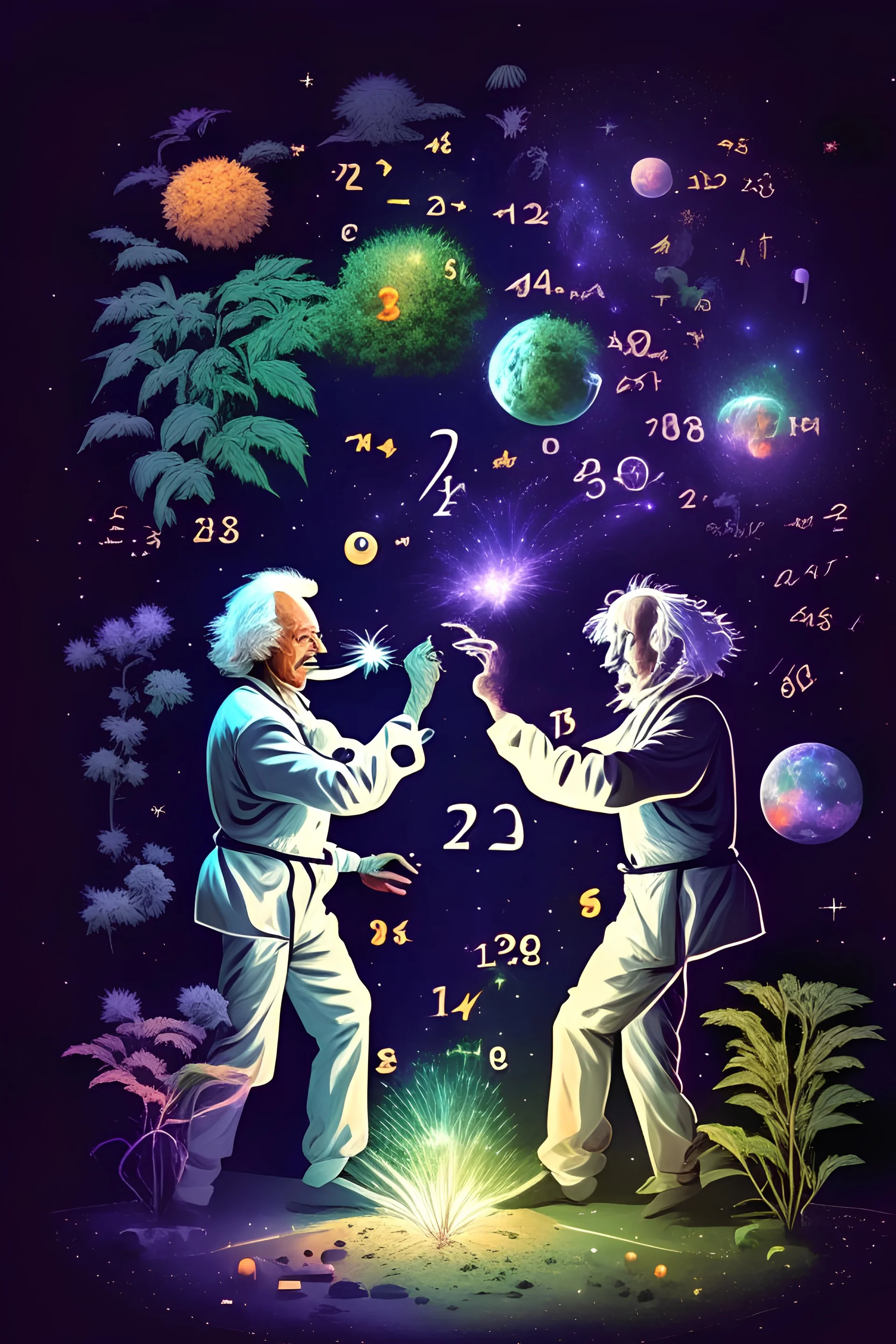 Albert Einstein and Richard Feynman playing with numbers & atoms in outerspace with plants, cosmic gas, stars, moons, and comets dancing around them