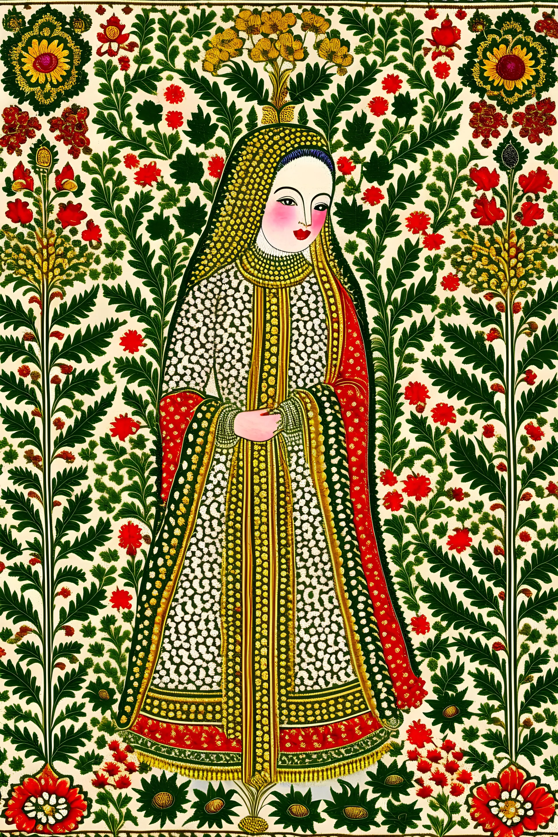 Make a Mughal art inspired pattern with scalops with a story telling and embellishments with a contemporary style don’t add humans just flower details and elegant
