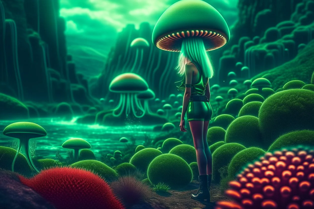 woman in a tight suit, on the shores of an alien world, with mushrooms with jellyfish tentacles, small plants and mossy rocks