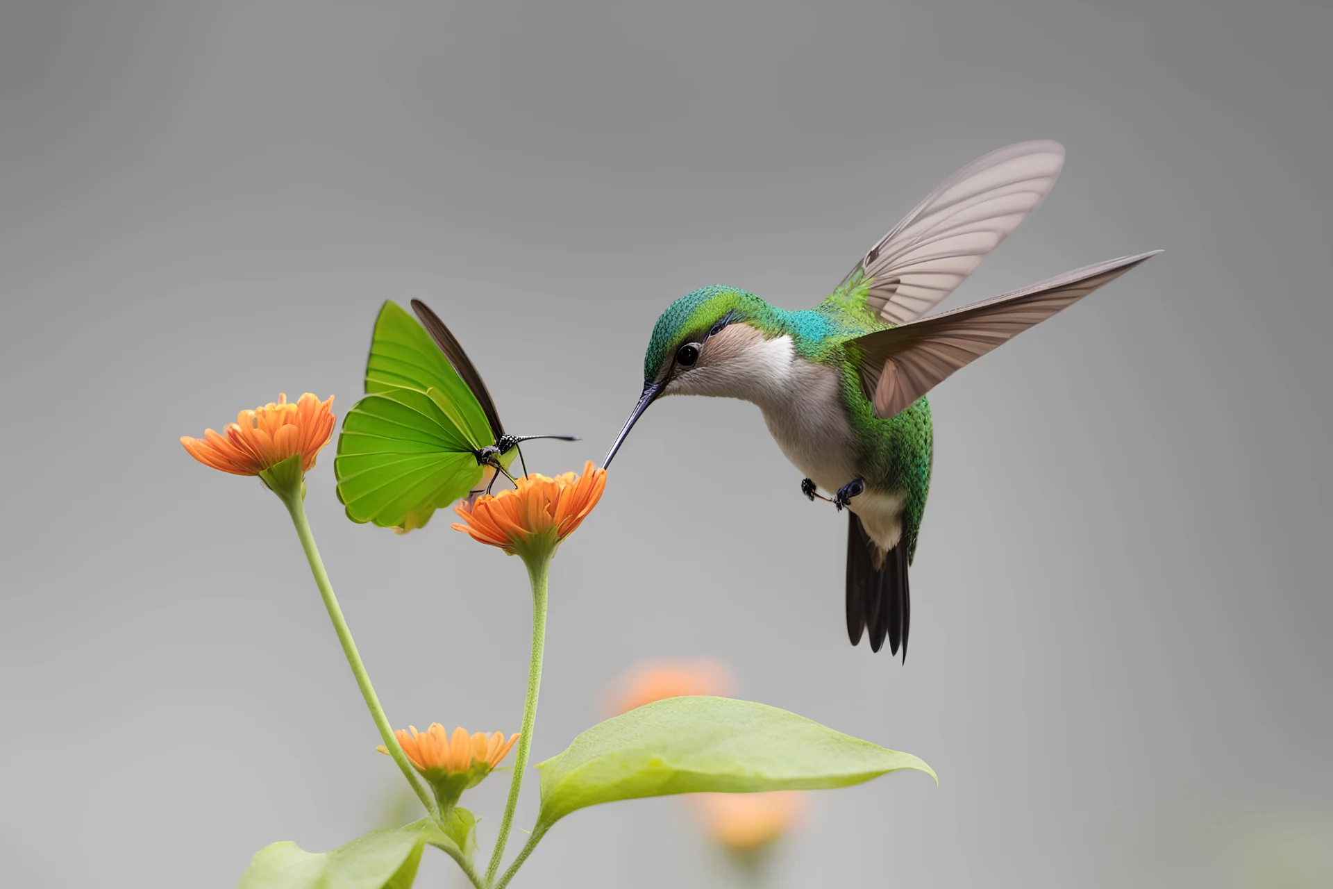 Photo of a hummingbird and a butterfly together on an flower, sf, intricate artwork masterpiece, ominous, matte painting movie poster, golden ratio, trending on cgsociety, intricate, epic, trending on artstation, by artgerm, h. r. giger and beksinski, highly detailed, vibrant, production cinematic character render, ultra high quality model