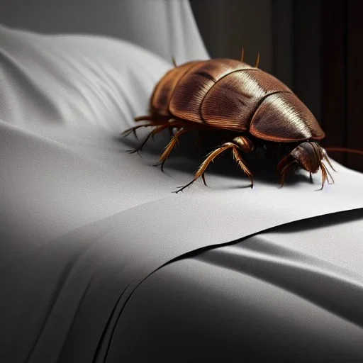 large, humanoid cockroach sleeping in bed under bedsheet, Metamorphosis, Frank Kafka, 8k resolution, high-quality, fine-detail, intricate, detailed matte, digital art, volumetric lighting, illustration, 3D octane render, brian froud, howard lyon, selina french, anna dittmann, annie stokes, lisa parker, greg rutowski