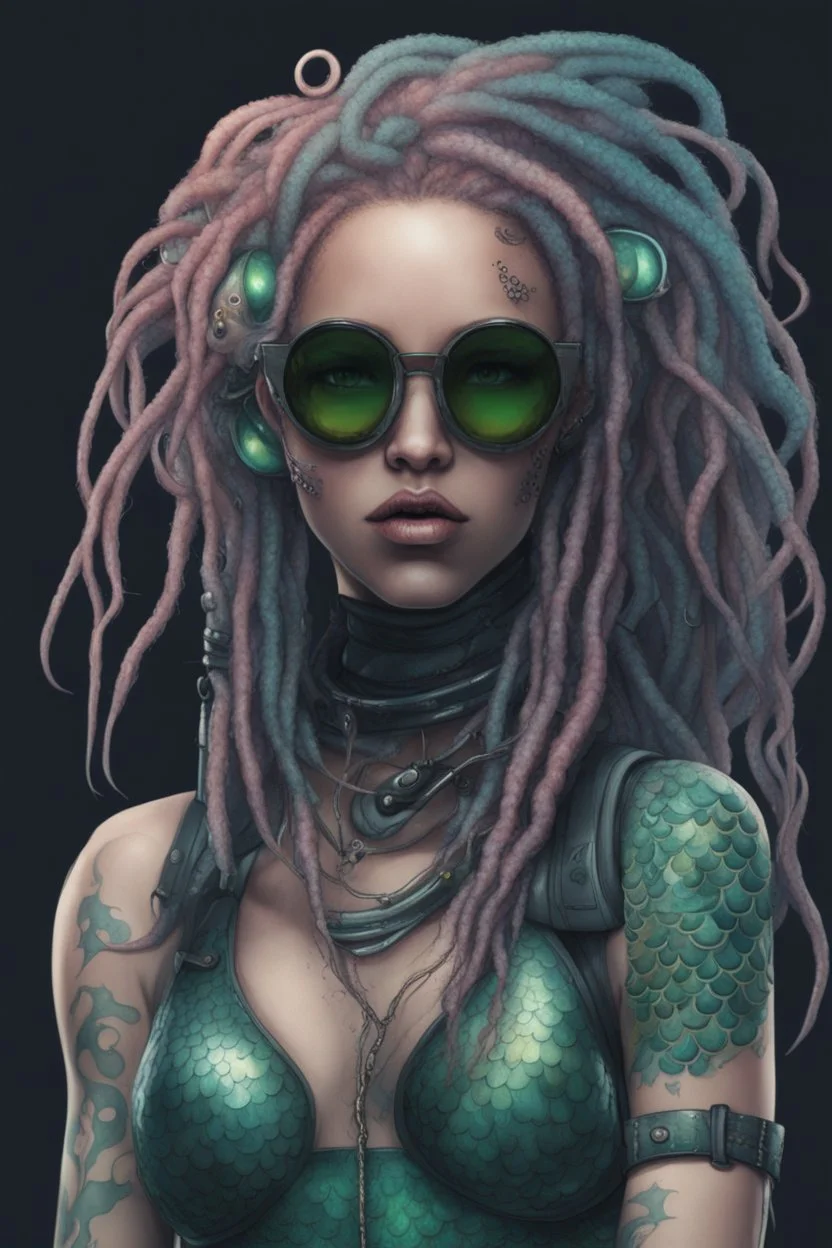 entire body mermaid cyberpunk some fish scales on face rose hair dreadlock sunglasses