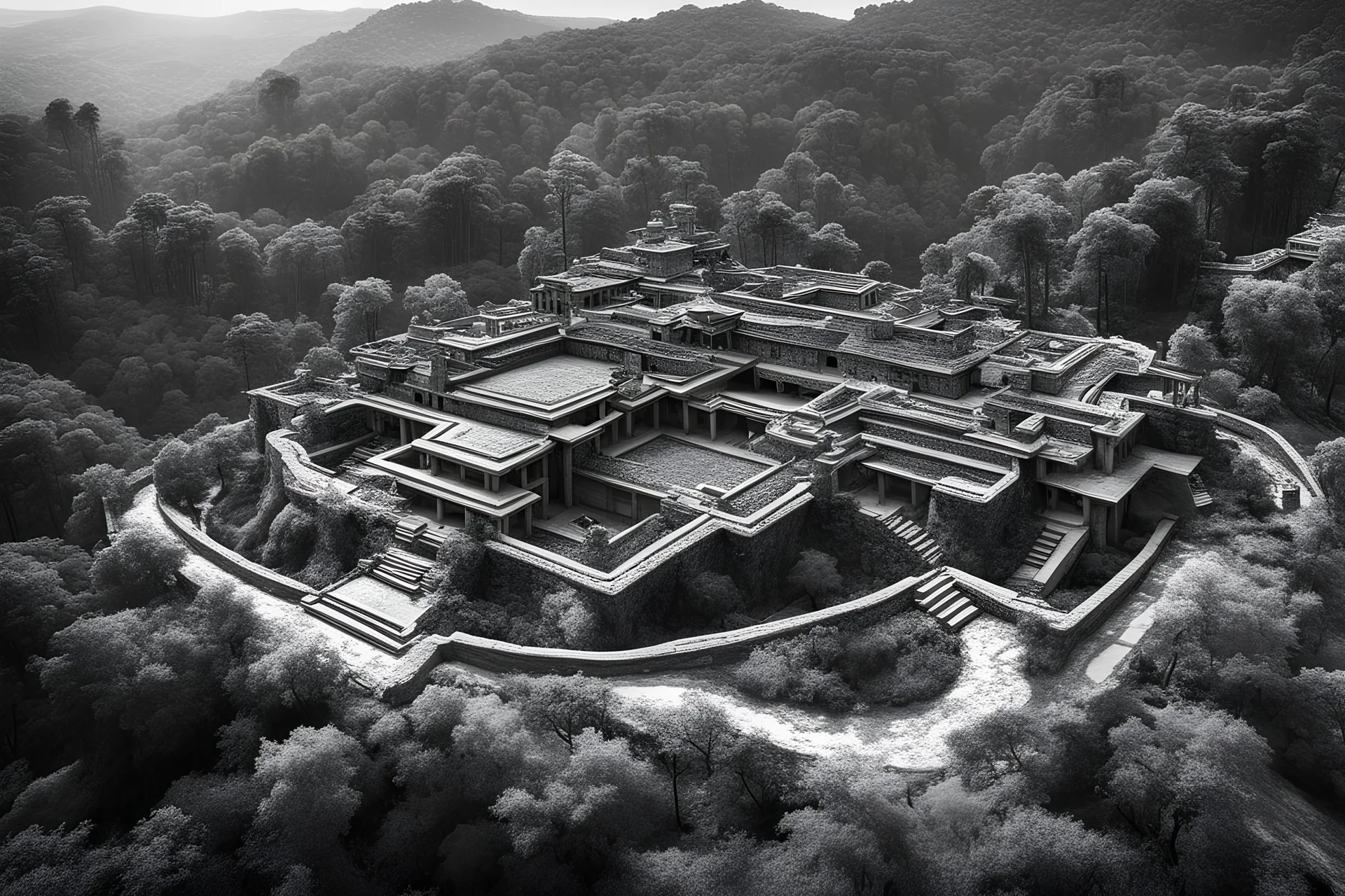 tabletop role-playing map of a irregular shaped minoan-etruscan village in the style of frank Lloyd Wright and las pozas xilitla. aerial view. black and white line art ink drawing. art hyperrealism 4K ultra HD unreal engine 5