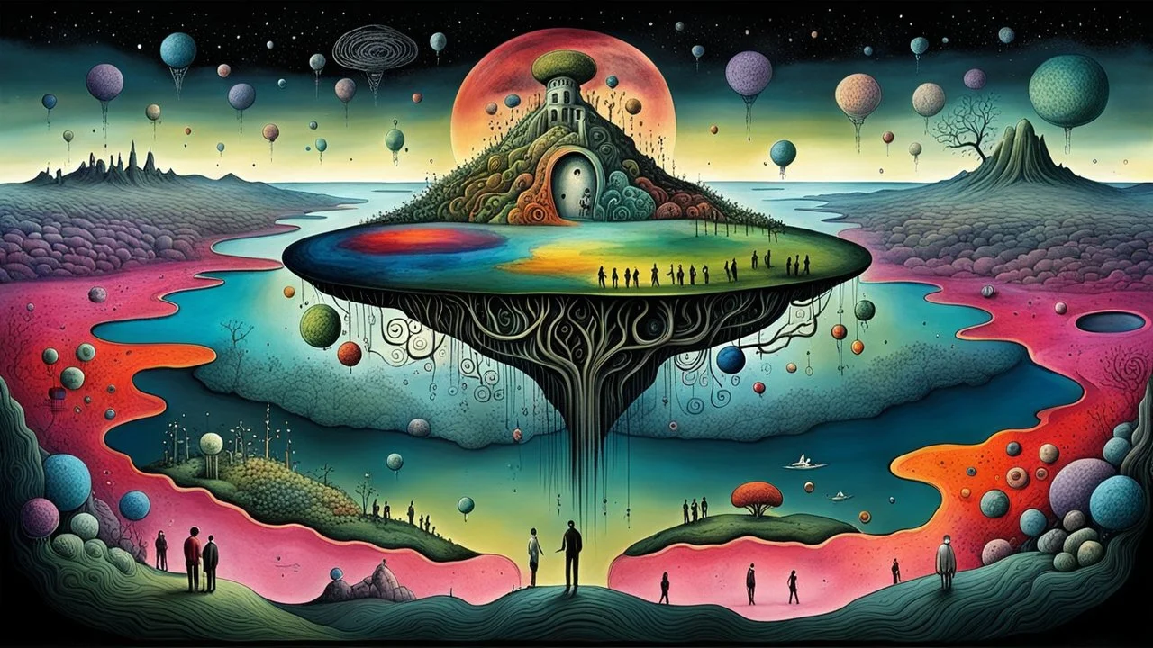 one alone human stands on fade colors floating island over normal neurotipical lifes on landscape with many little humans. this island with deep dark colors. dreamlike inner world with neurodivergens soul and mind,, Whimsical strange style of Chagall, of Quentin Blake, and Yoshitaka Amano of Anton Semenov. weird absurd beauty nightmare, in background neuronic network, Whimsical surreal vibe, cinematic