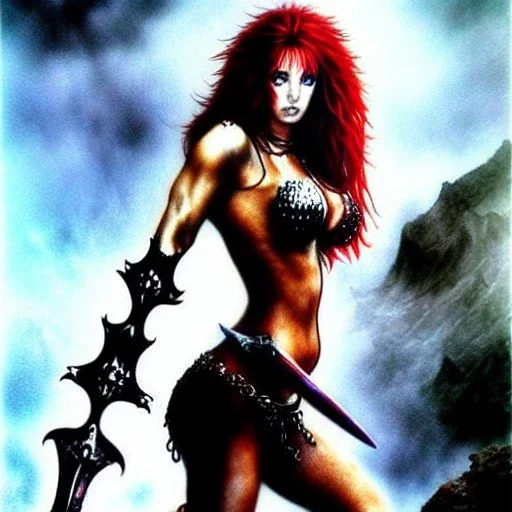 Epic full body portrait of busty atletic young beautiful Red Sonja Luis Royo styles