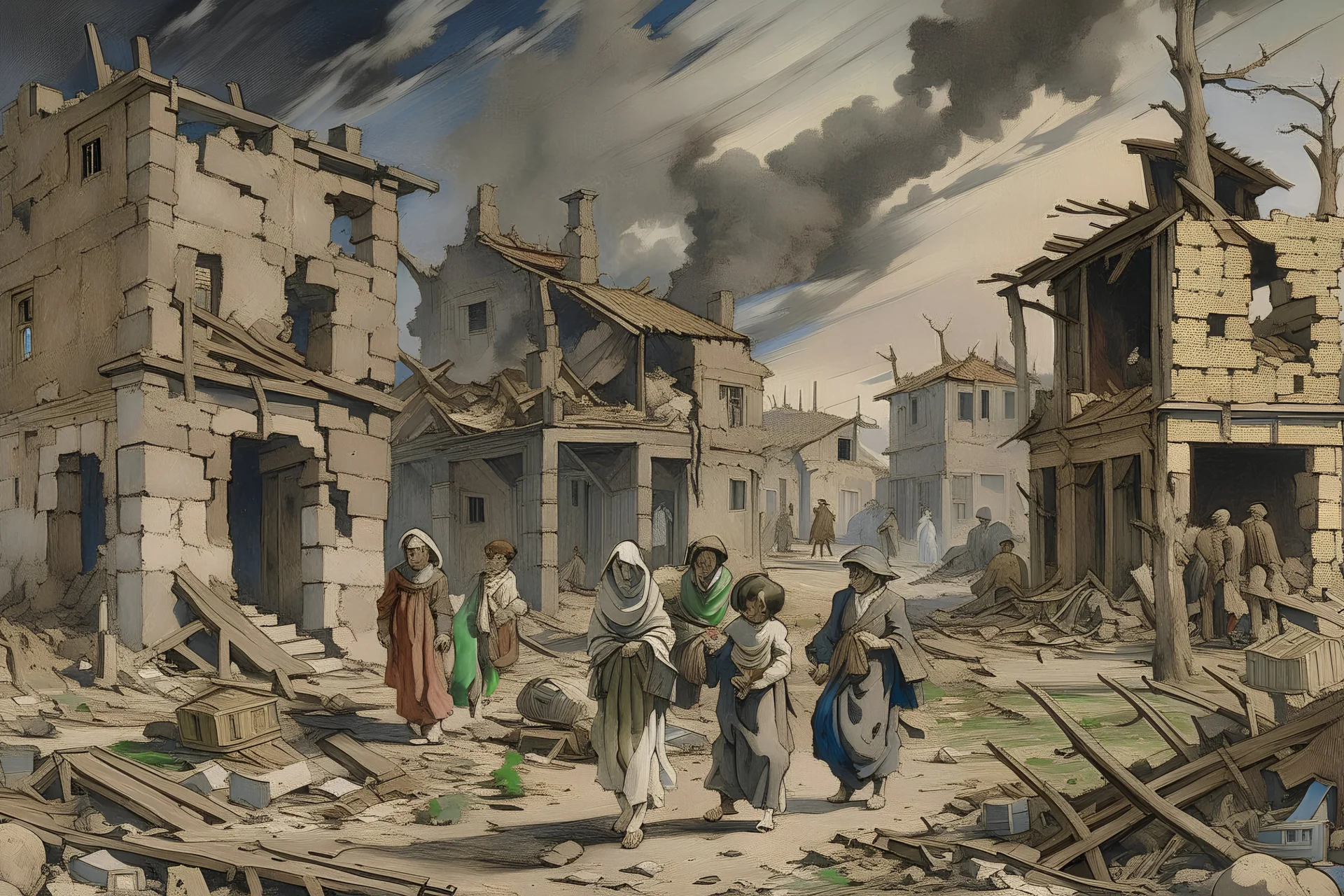 A painting of families returning to their house after a war. The houses are bombed and in ruins