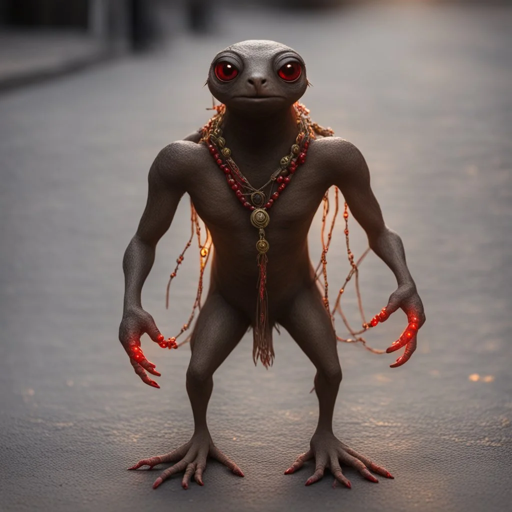 a detailed close-up captures a brown creature with a black face, large brown eyes, and a red necklace around its neck. its hands are positioned on its hips, and its feet are firmly planted on a gray pavement. the creature is bathed in a warm, yellow light, casting a soft glow on its face and surrounding environment. in the background, a string of yellow lights adds a festive touch to the scene.,bokeh like f/0.8, tilt-shift lens 8k, high detail, smooth render, down-light, unreal engine