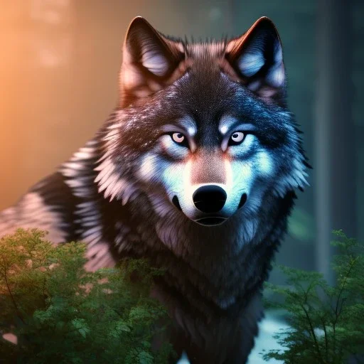 depth of field, wolf, extreme detail,ultra realistic,scary, red and blue eyes, Photorealism, macro lens 40mm,bokeh, cinema4d, 8k, unreal engine 5, redshift render, octane render