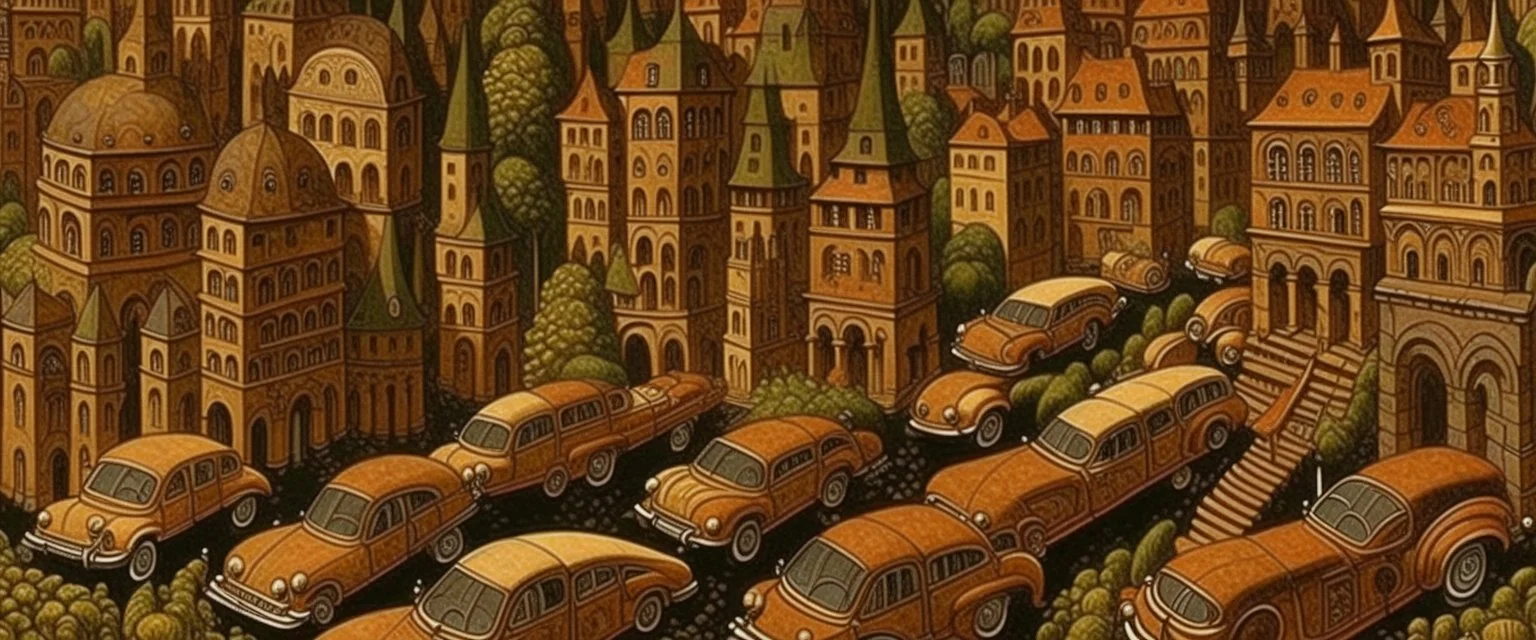 A brown metropolis with cars designed in medieval tapestry painted by Frank Wilson