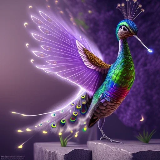 peacock, humming bird, fantasy art, Unreal Engine 5, lens macro,sharp focus, realistic, hyper detailed, studio lighting, neon light ambient