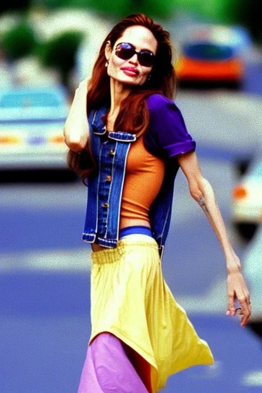 year 1996 denim fashion. Loose skirt, low waist. Colors: denim blue, blue, purple, cream, khaki, light green, lilac, plum, orange, terracotta, red, light yellow, lion yellow, pink, dark blue, beige. Angelina Jolie, Kylie Minogue, Angelika Kallio, Tyra Banks,