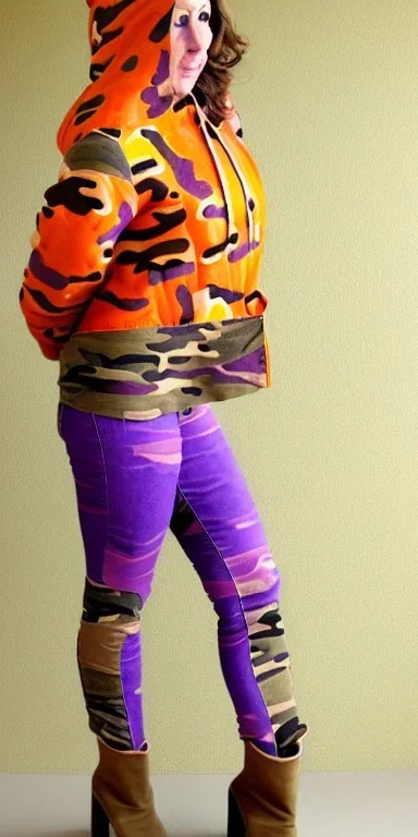 (orange,terracotta, cream and purple colored camouflage, printed on denim).Brunette woman in her 30's. thick thighs, thick calves, flat belly, wide hip. Mantle is sewed of recycled Denim and sewed together of camouflage pieces. . It is with big bright purple felt tippet and cream-colored-hood. mantle is merged with satchel. . AKG-style headphones (gold rings!) is merged with small felt cap with small visor. Style: Haute Couture in 1936, Paris fashion in 2023, inspired by street art. latex gaiter