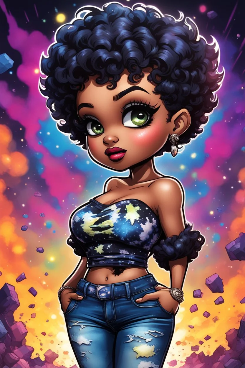 vibrant psychedelic comic book image, airbrush, 48k, cartoon art of a chibi curvy black female wearing torn jeans pants and a black tie dye off the shoulder blouse. Prominent make up with lush lashes. Highly detailed short pixie cut