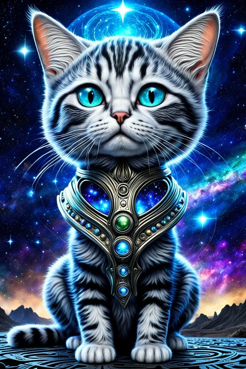 cute and weird stunning cat alien hybrid , galaxy, stars, fantasy, detailed, masterpiece intricate details, HDR, beautifully shot, sharp focus, 64 megapixels, sci-fi mood