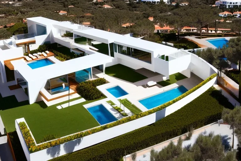 Day in algarve quinta do lago, aerial architectural view, modern luxury villas architecture building WITH STRAIGHT LINES AND CANNOPY in white render and wood with cannopy in gold metallic details and a modern luxury hotel building with two floors and extending covered terraces cascading, pinus pinea overlooking the golf course, green roofs and pools, sloped land with pinus pinea, hyper realistic 8k ultra render