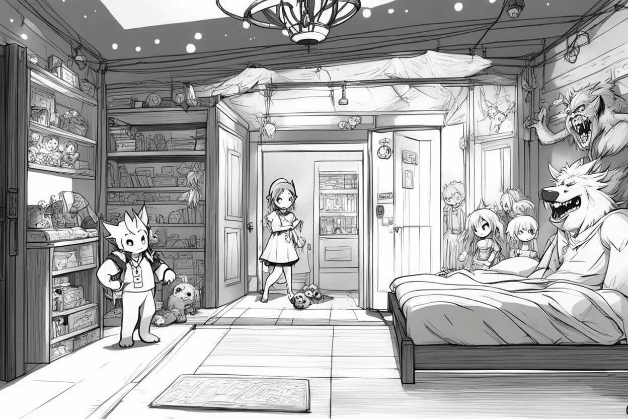 hand drawing, thick lines, la ligne claire [style of the wii No More Heroes], scribbled lines of The lights are out, the bed in the middle on the left the monsters are coming, the werewolf, the demoness, the troll, etc. on the right the appealing Nurse appears at the door, telling to stop playing with toys and go back to bed.