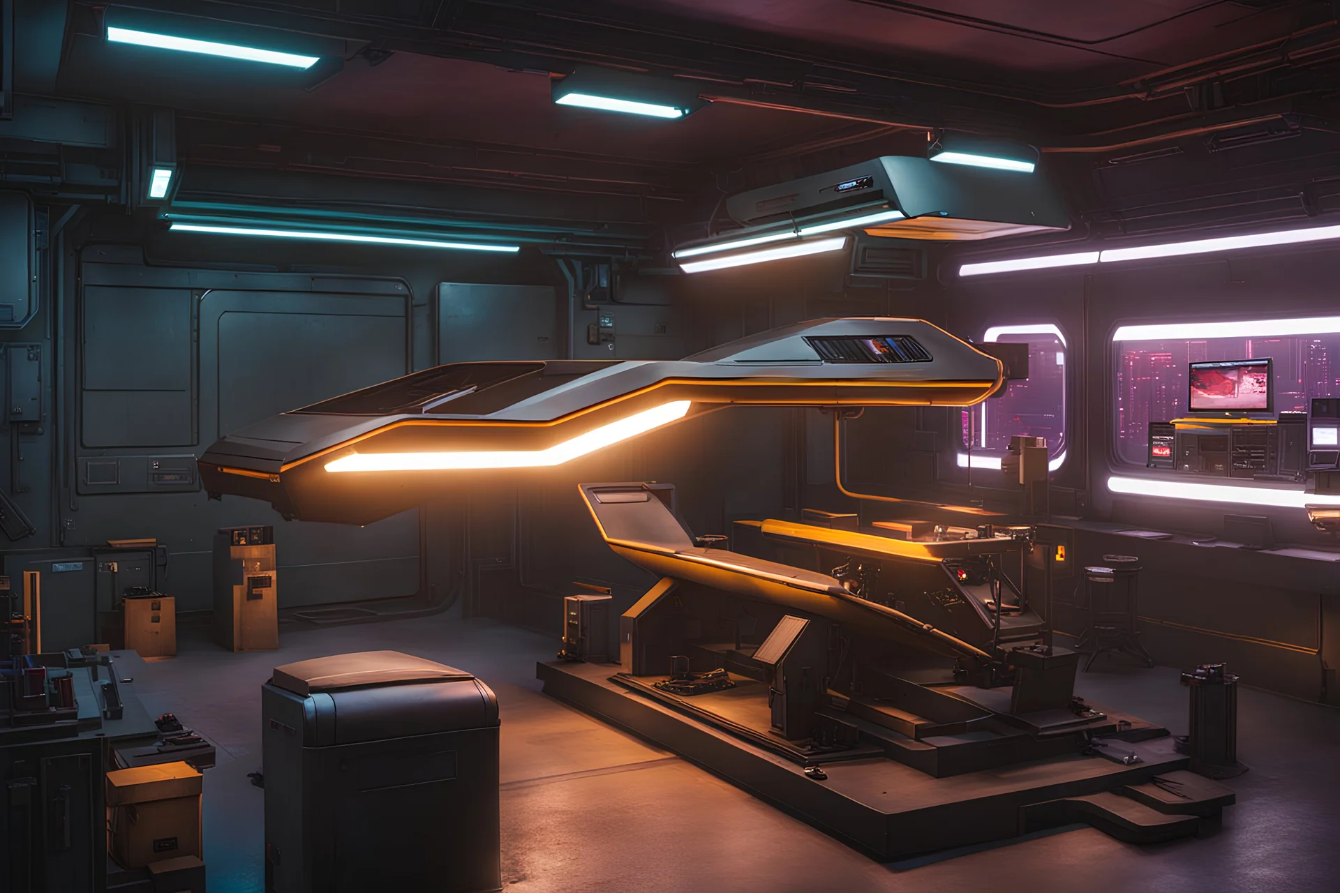 cyberpunk speeder repair room