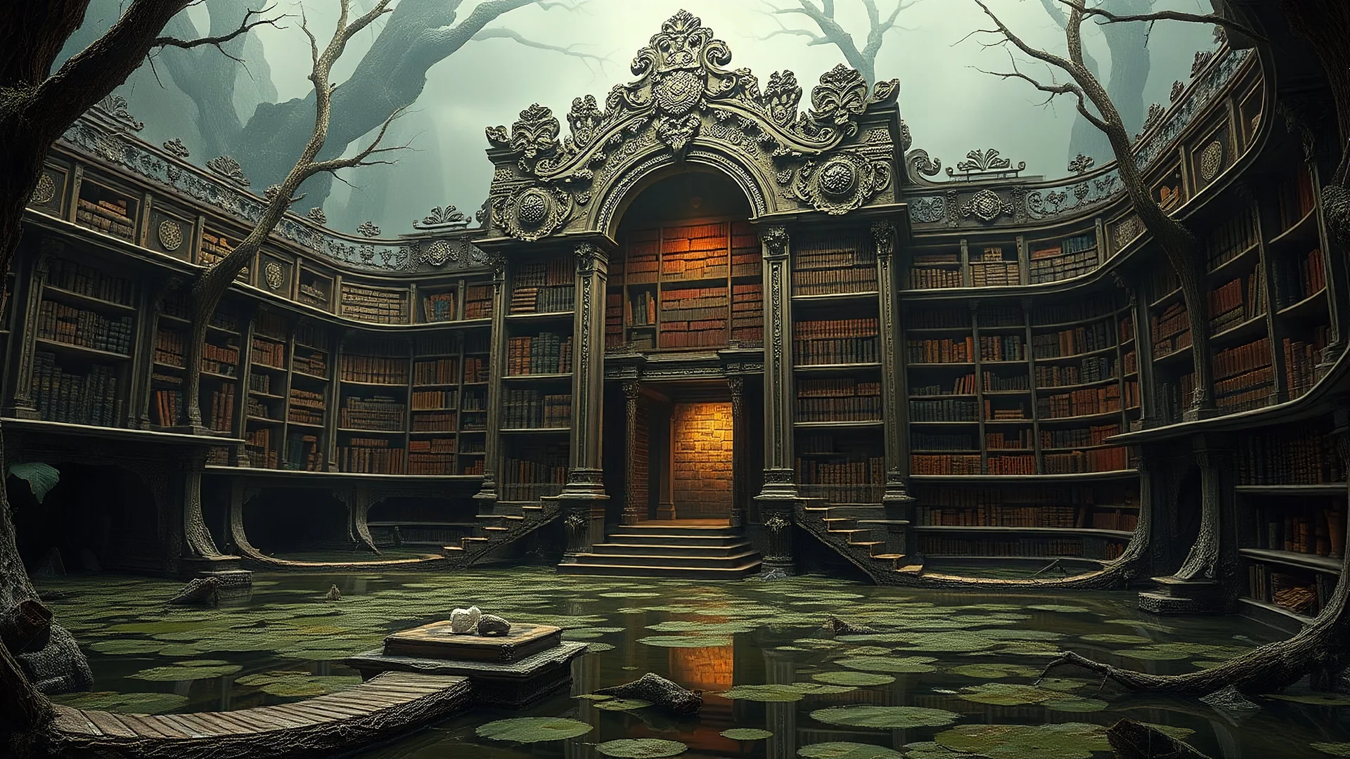 A hyperreal library emerges from the murky depths of a swamp, its walls adorned with intricate carvings and its shelves overflowing with ancient tomes.