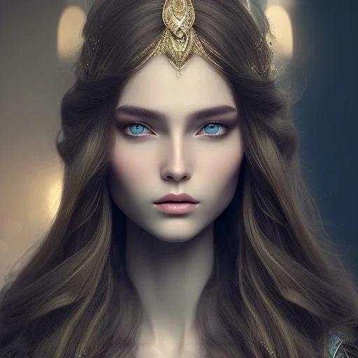 mystic woman with Light-brown long hair, dark fantasy setting, ethereal, soft lighting, soft green-brown eyes, soft facial features