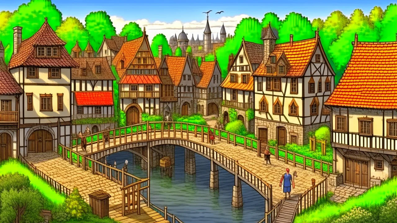 medieval village on a lake with bridges, people, balconies, trees