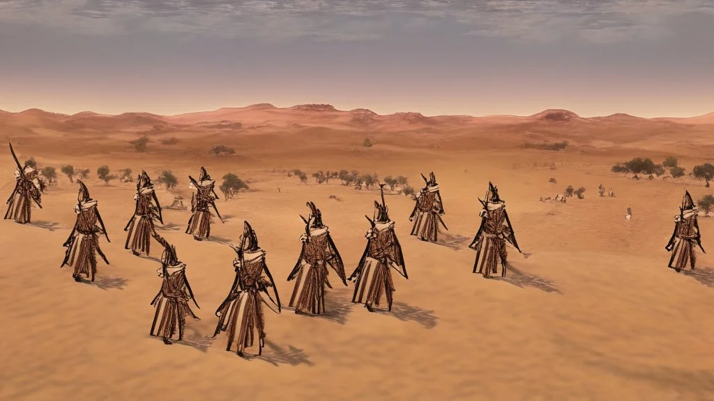 desert, highly detailed, comic style warriors from behind, in the background far away a highly detailed cdesert city