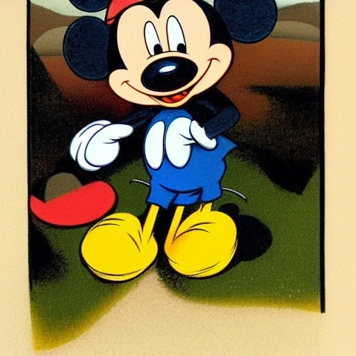 isometric mickey mouse in style of George Herriman an in an landscape in style of Dali