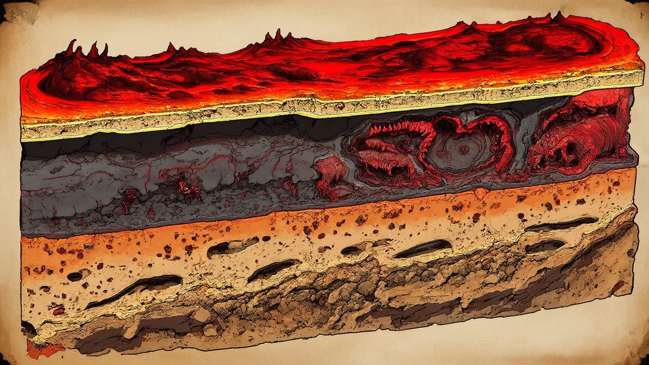 3 levels of hell, under earth, Hades, Gehenna and Tartarus, cross section, detailed, Sharp