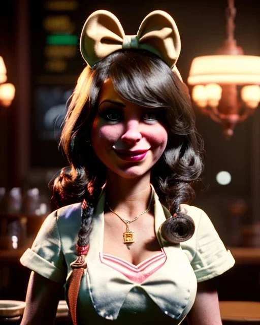 waitress woman with muppet mask that covers her entire head, retro style, smooth, unreal engine 5, god lights, ray tracing, RTX, lumen lighting, ultra detail, volumetric lighting, 3d.