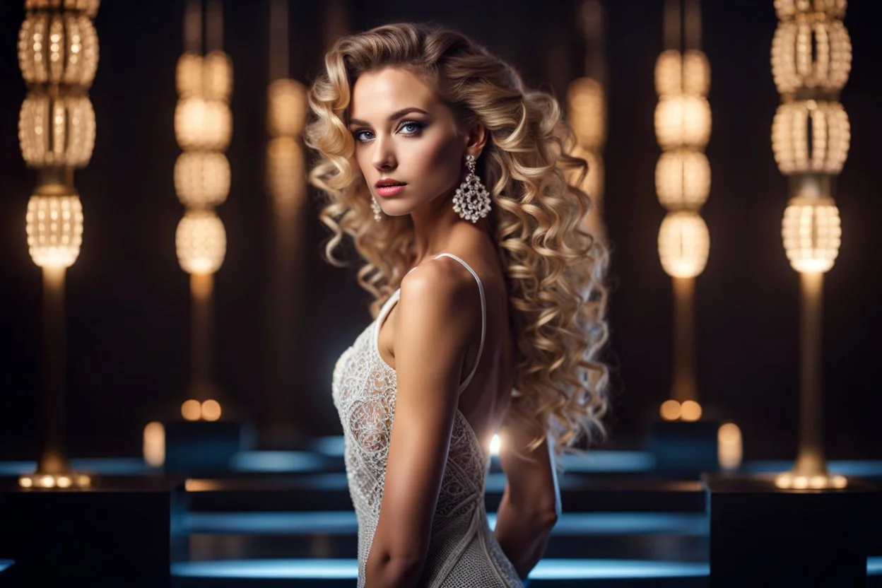 si fi a 3d recursive mandlebore fractal environment color and light an extra beautiful supper modern ukrainian girl wearing modern clothing curly hair gracefully fashion show posing full body shot