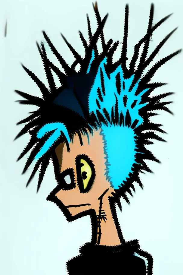 Portrait of 2d drawing of a stickman, cool with punk hair, x eyes like in hangman, view from back and slightly peeking behind, 3d realistic in colour