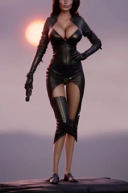 Raquel Welch in a black leather gown, evil, femme fatale, villain, leather, busty, cleavage, angry, stern look. character design by cory loftis, fenghua zhong, ryohei hase, ismail inceoglu and ruan jia. unreal engine 5, artistic lighting, highly detailed, photorealistic, fantasy