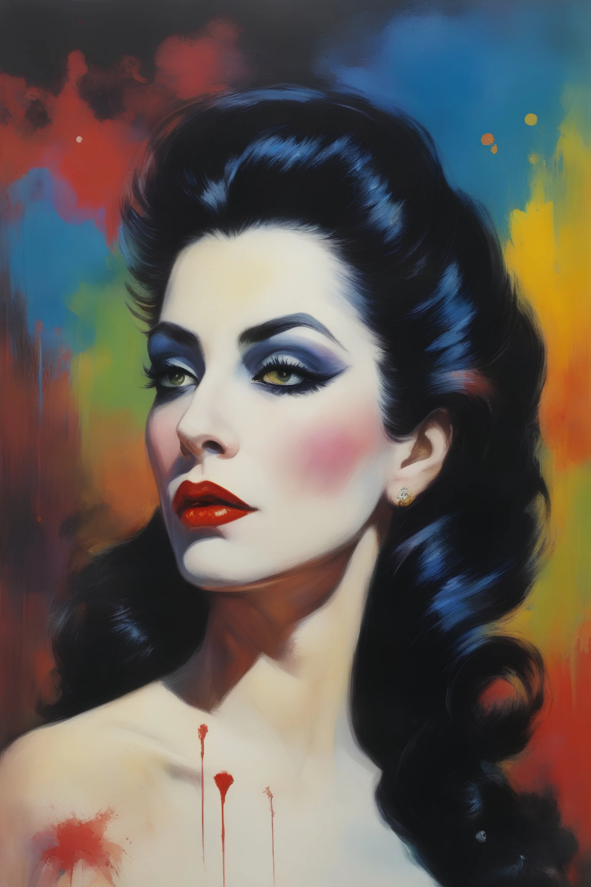 Annabella Lugosi as Dracula - with a single white streak in her hair, extremely colorful, multicolored paint splattered wall in the background, oil painting by Frank Frazetta