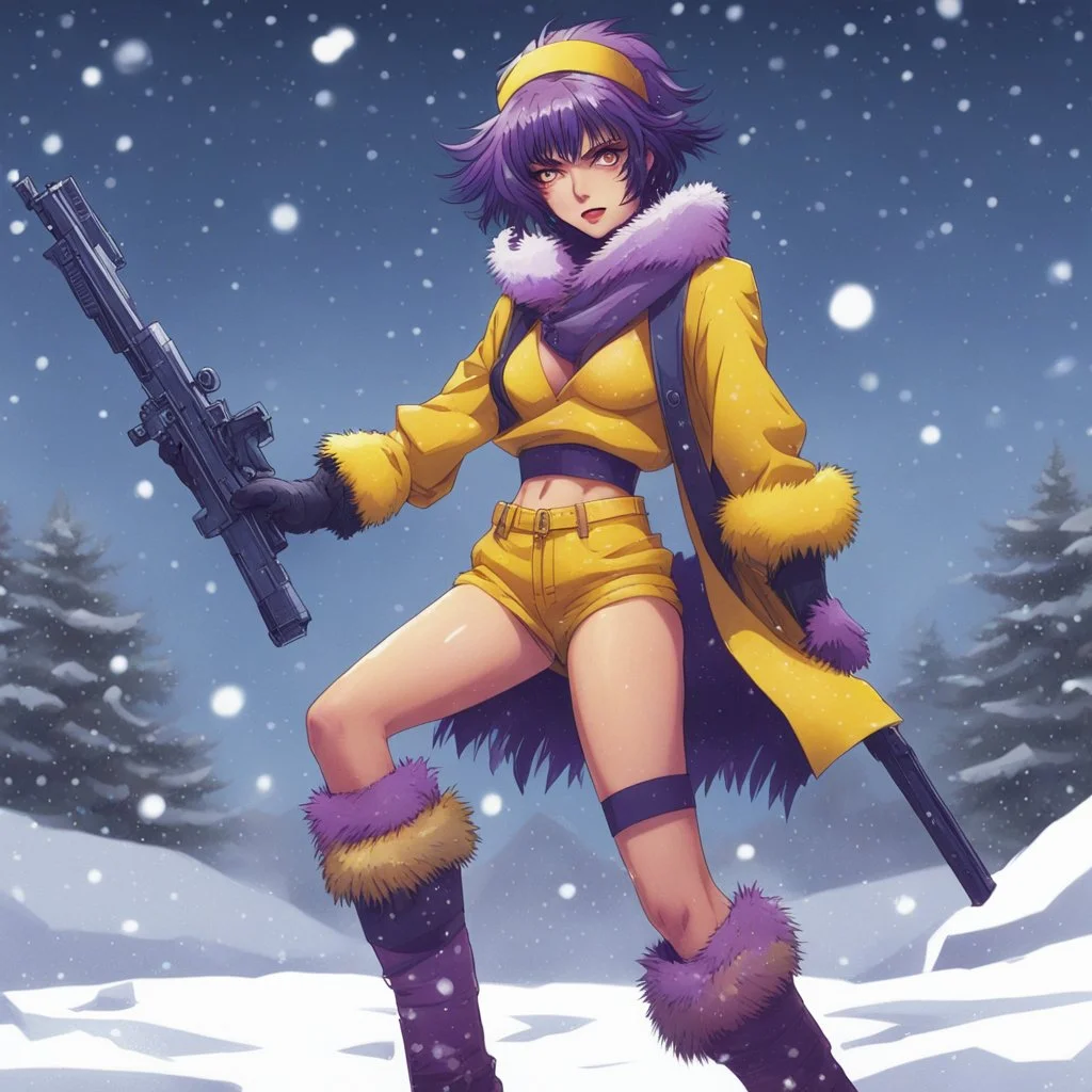 [illustration by Hajime Yatate] Faye Valentine, clad in her iconic outfit (a yellow short and a yellow crop top), stands in the snow of Callisto with furry boots. She points her trusty gun. Amidst the icy winds and swirling snowflakes, Faye's violet hair is an 80s update of the flapper Bob, reflecting the cold beauty of the alien world.