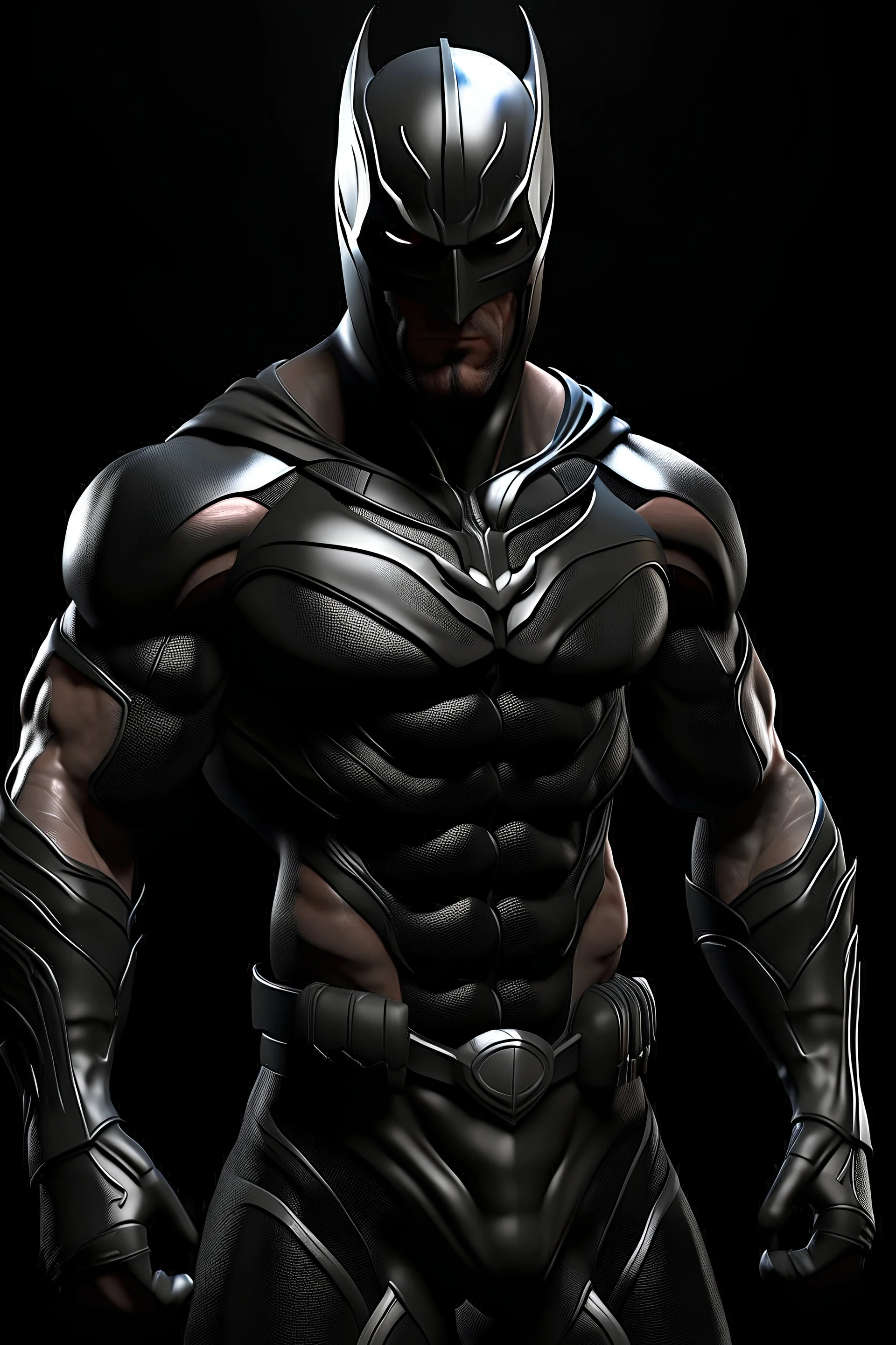 an extremely muscular superhero man wearing a black, skintight, formfitting cowl, a black, skintight, formfitting, Kevlar bodysuit, Silver Wrist Gauntlets, Silver Belt, Silver knee-high boots, black gloves, silver "M" logo on the chest, a mustache and goatee, black gloves, 32k UHD, Hyper Realistic, Photorealistic, realistic, life-like, real life, extremely detailed, extremely sharp, extremely vibrant, extremely colorful, Full color, professional quality, in the art style of Boris Vallejo