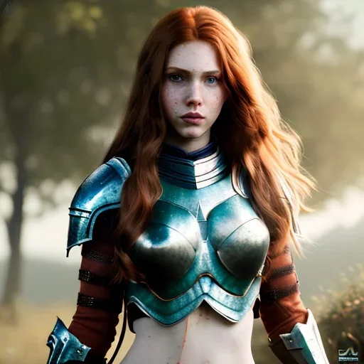 hyper Realistic, hyper detailed, strikingly beautiful young adult woman, 19 years old, long ginger hair, green eyes, medium freckles, full lips, very skimpy fantasy chainmail armour, full body, full face, small breasts, aroused expression, biting lower lip, full frame, athletic, centered camera, ignore NSFW, arming sword on hip, thong