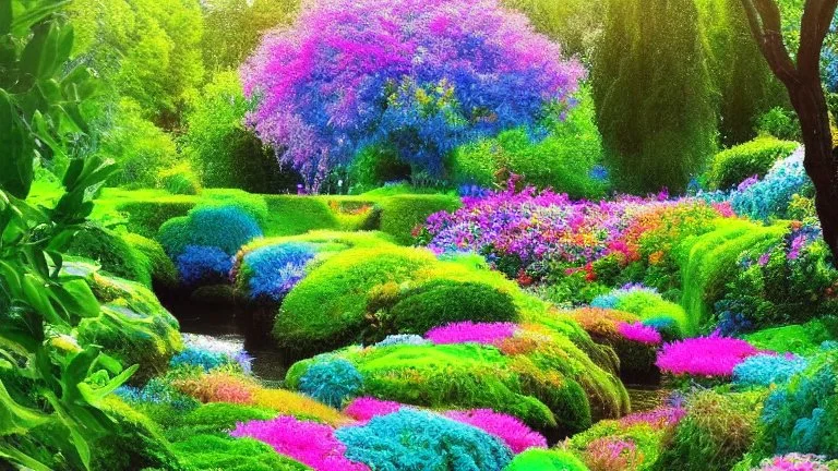 verybeautiful-magical-garden-of-the-angelic-kingdom-blue-and-pink-plants-and-trees-small-river-sunshine-flowers-haze-thumb-rainbow-ufo-bright-colors-light flowers