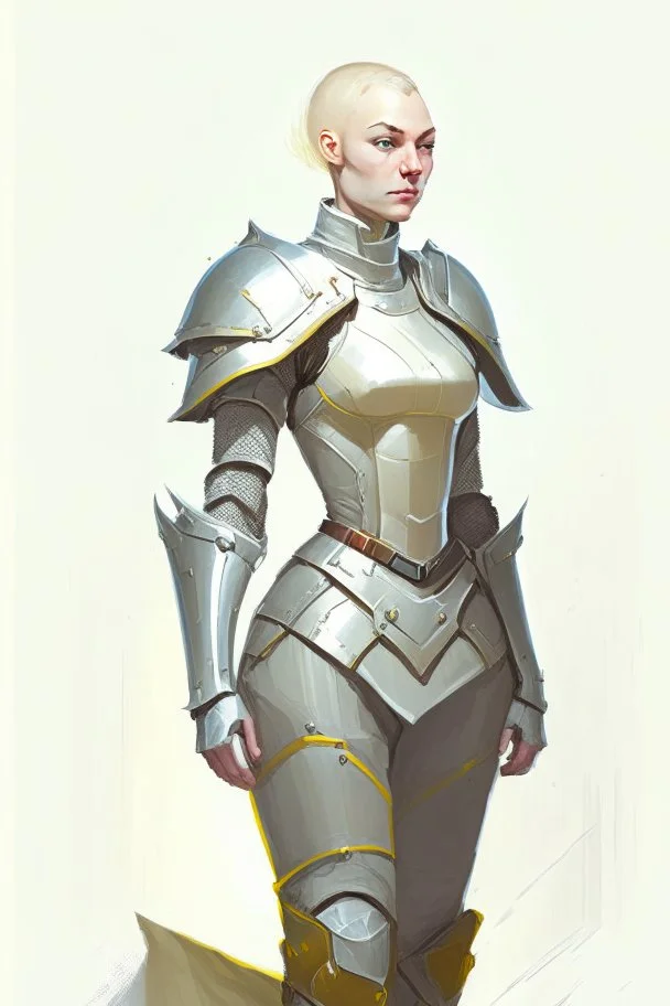 full length colour drawing, portrait, 22-year old friendly slender female human cleric, shaved head, blonde eyebrows, grey eyes, wearing armour