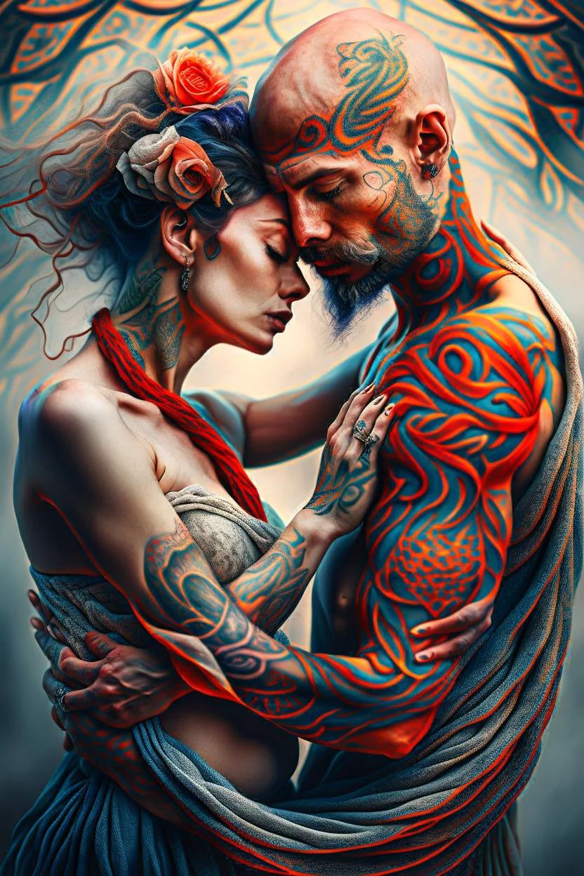 Multiple entanglements between a twisted thin piece of cloth as part of many twisted and spiraling branches disappearing into the distant mist, epic photo, 2 beautiful lovers are embracing, stunning tattoos that intwine with eachothers tattoos,sharp on highly detailed skin with wrinkles and high contrast, photorealistic, explosion of extacy,4K, 3D, realism, hyperrealism, detail, good lighting, detailed texture, modern photography style, 3D, 4D, 4K