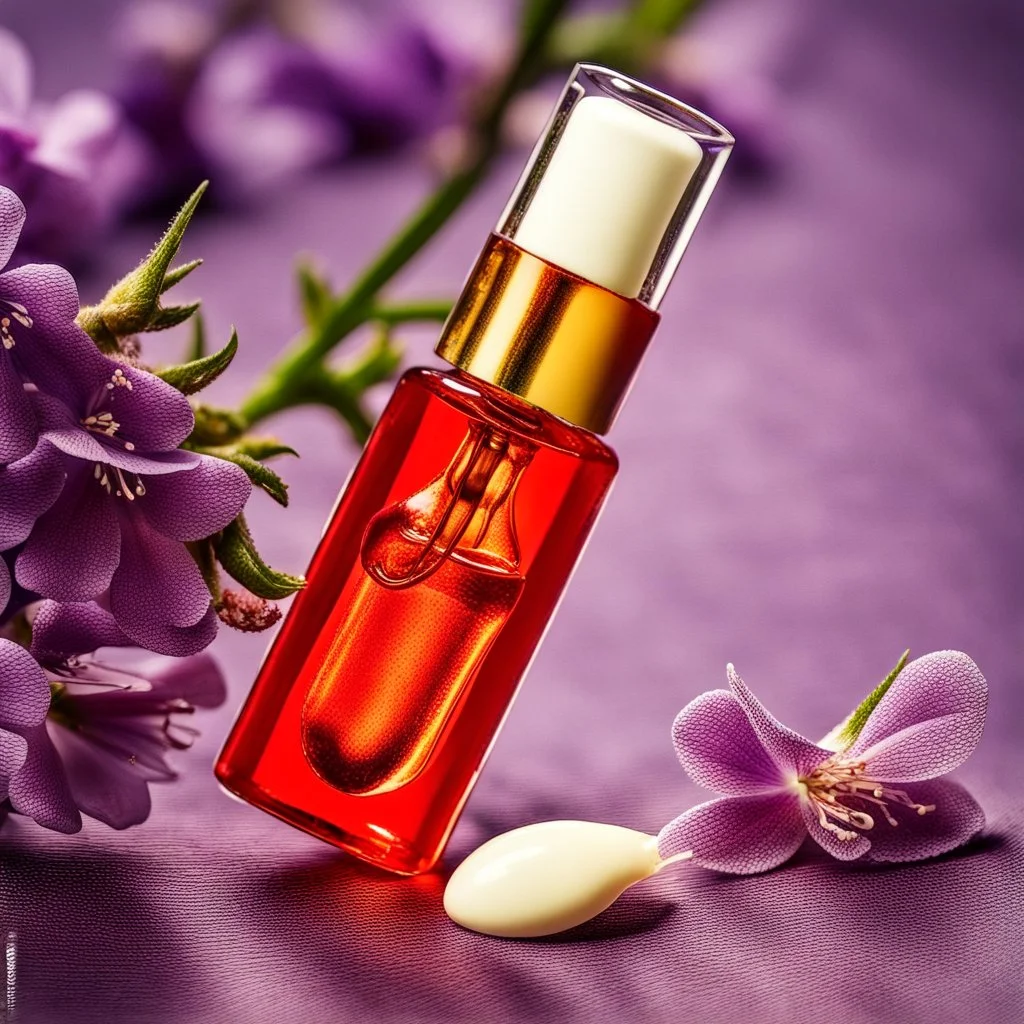 a small vial lies on a beautiful floral background top view, in the background there are beautiful spring flowers and a drop of cream, high-quality picture, top view