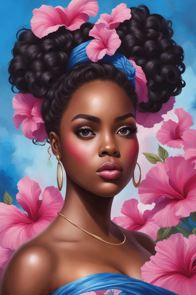 create an oil painting art image of a black curvy female looking to the side with a curly messy bun in a wrapped hair scarf. prominent make up with hazel eyes. 2k Highly detailed hair. Background of blue and pink hibiscus flowers surrounding her heaviley