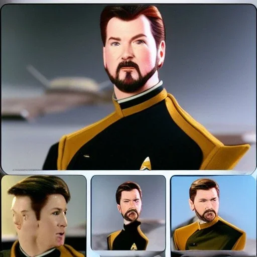 Commander William Riker as a Starfleet Officer, realistic, 8k, cinematic, in the style of Captain Kirk from Star Trek TMP, dramatic light, full body, cinematic, photo realistic, portrait Photography, Depth of Field, hyper-detailed, beautifully color-coded, insane details, intricate details, beautifully color graded, Cinematic, Color Grading, Editorial Photography, Photography, Photoshoot, Shot on 85mm lens, Shutter Speed 1/500, F/2,