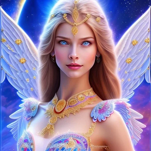 Flower angel, beautyful smiling young woman, long hair amazing blue eyes, happy cosmic, bright colors, blue, pink, gold, jewels, realistic, photo real, clear godly background, highly detailed, high contrast, 8k high definition, unreal engine 5, extremely sharp detail, light effect, sunny light background