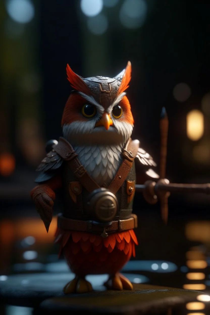 robin hoot, leader of the hooties. with bow and dagger, guarding the canal, bokeh like f/0.8, tilt-shift lens 8k, high detail, smooth render, down-light, unreal engine, prize winning