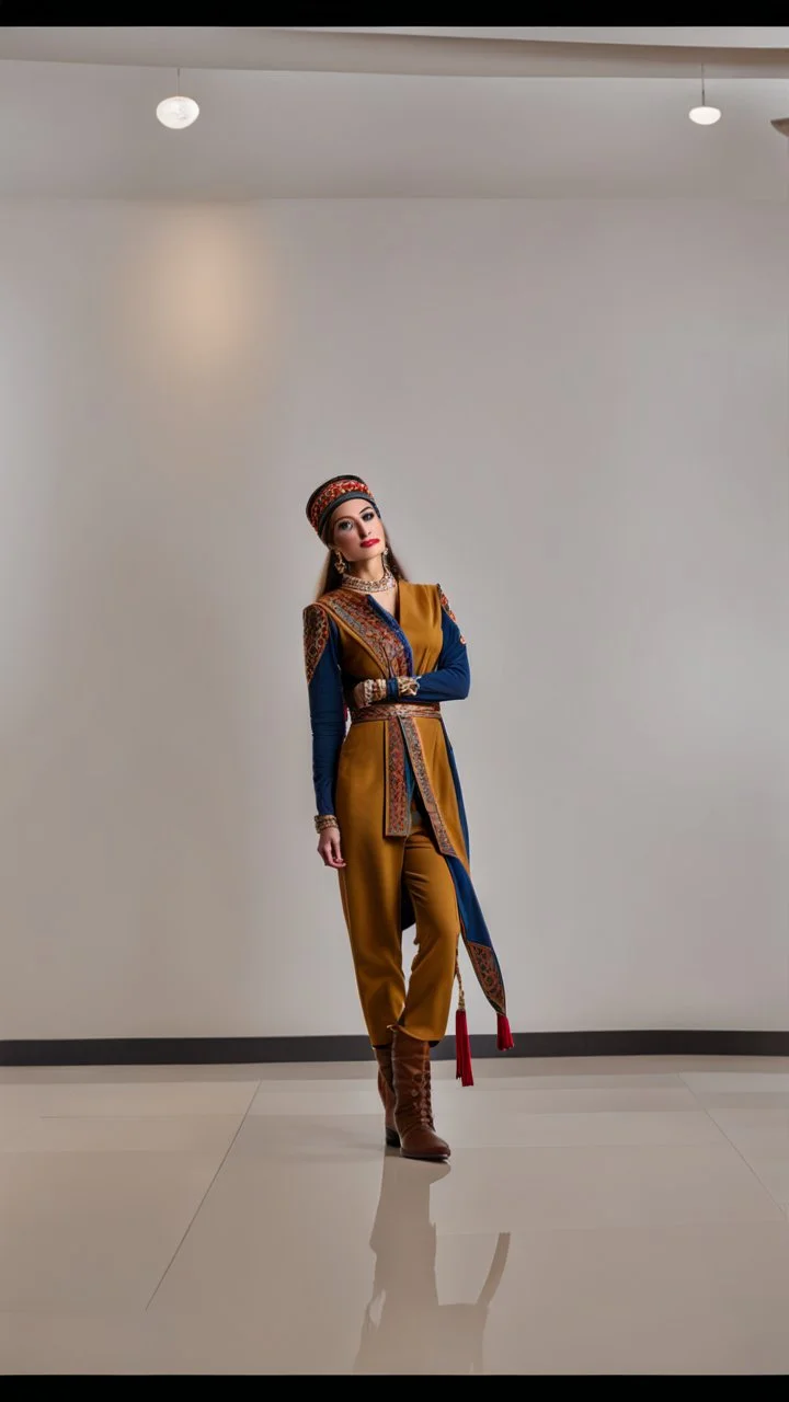 A full-body shot of azeri lady,long black boots ,tight blue pants ,a hat on head