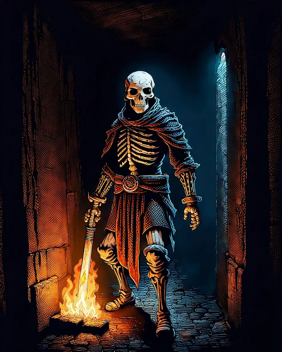 A frightening castle dungeon hallway with a skeleton warrior in rusty chainmail holding a burning torch painterly rpg art